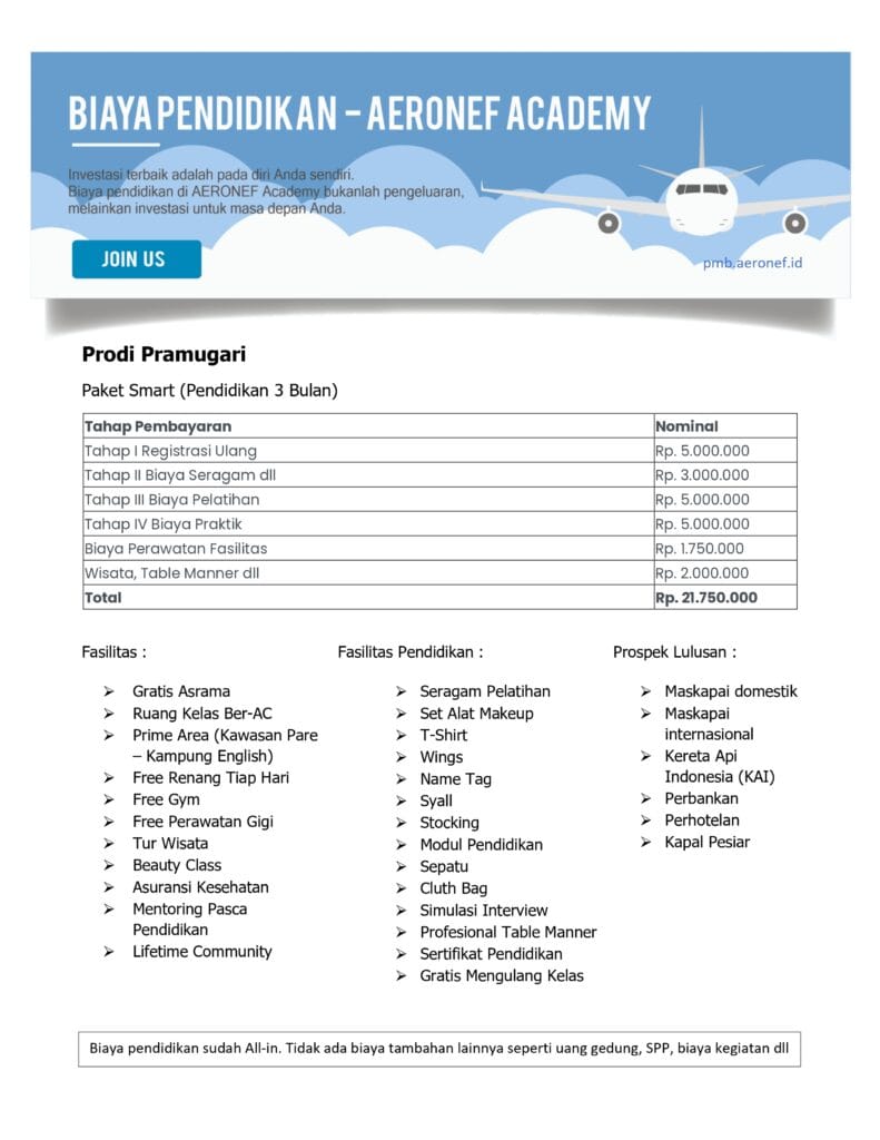Biaya Sekolah Pramugari Aeronef Academy